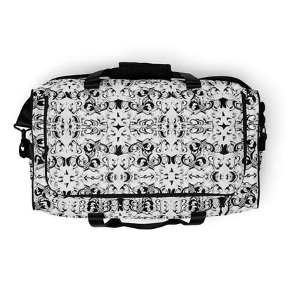Weekender N°9 with black and white intricate pattern, spacious and perfect for travel, daily errands, or gym use with adjustable straps.