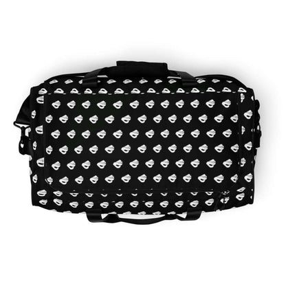 Weekender N°13 - Black travel bag with white pattern, spacious with adjustable padded straps, ideal for trips or gym.