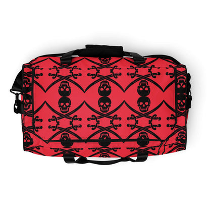 Weekender N°16 red bag with black skull and crossbones pattern, perfect for travel, daily errands, or gym use with adjustable shoulder straps.