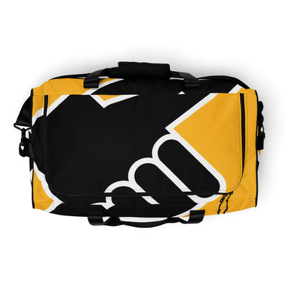 Weekender N°24 black and yellow travel bag with adjustable shoulder straps and multiple pockets for organization.