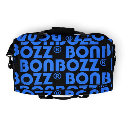 Weekender N°25 black and blue travel bag with adjustable padded shoulder straps and multiple pockets for convenience.