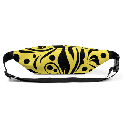 Yellow and black patterned Gürteltasche N°12 with adjustable strap, ideal for festivals and travel.