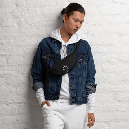 Man wearing Gürteltasche N°24 black crossbody fanny pack with denim jacket; perfect for travel and everyday use.