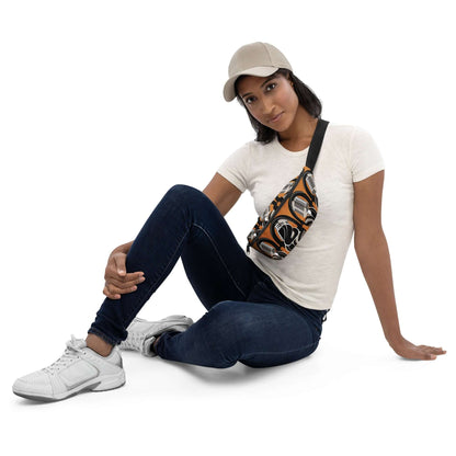 Woman posing with Gürteltasche N°28, stylish fanny pack for travel, festivals, and hands-free convenience. Adjustable strap, polyester material.