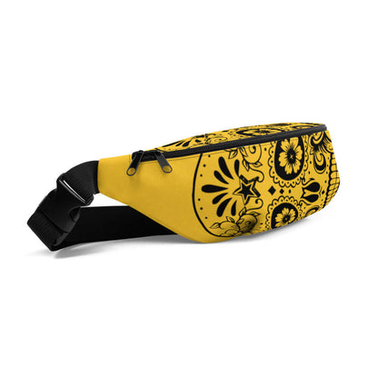 Yellow Gürteltasche N°20 with black floral design, adjustable strap, perfect for festivals and travel, made of 100% polyester.