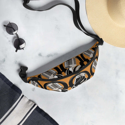 Gürteltasche N°28 with unique pattern, ideal for travel and festivals, shown with sunglasses and hat on a marble background.