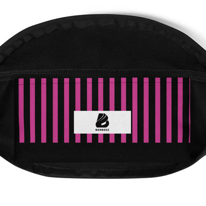 Stylish Gürteltasche N°2 with pink and black stripes, ideal for travel and festivals, featuring adjustable strap and inner pocket.
