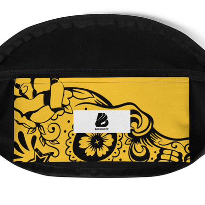 Gürteltasche N°20 with intricate black and yellow design, featuring a spacious interior pocket and adjustable strap. Ideal for festivals and travel.