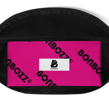 Gürteltasche N°23 with adjustable strap, inner pocket, and stylish design for festivals and travel, pink fabric with black BONBOZZ logo.