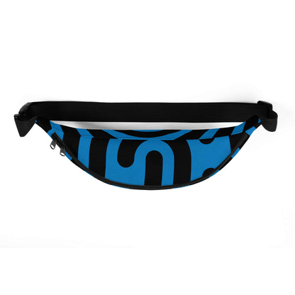 Gürteltasche N°27 in blau mit schwarzem Muster, anpassbar mit Innentasche und verstellbarem Riemen, ideal für Reisen und Festivals.