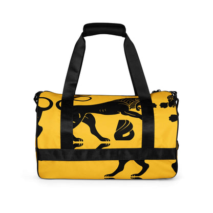 Allover-Print-Sporttasche N°1 in yellow with black lion print, durable waterproof polyester, ideal for fitness with added storage features.