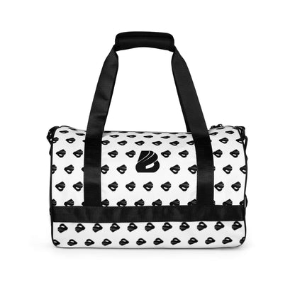 Allover-Print-Sporttasche N°0, stylish and waterproof, black handle, white background with black pattern, perfect for fitness enthusiasts.