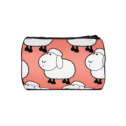 Allover-Print-Sporttasche N°2 with cute sheep design on a pink background, perfect for stylish and functional fitness sessions.