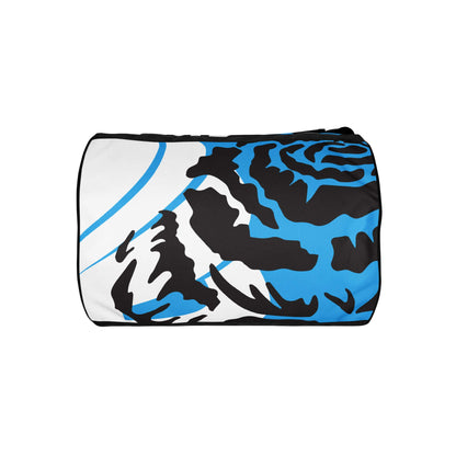 Allover-Print-Sporttasche N°4 with black and blue abstract design on a white background, waterproof polyester, durable material.
