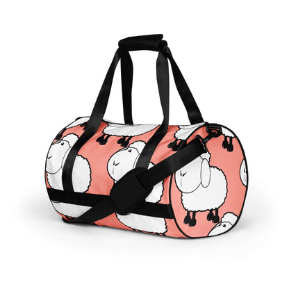 Allover-Print-Sporttasche N°2 with sheep pattern, pink and white design, durable 100% polyester, waterproof, gym and travel use.
