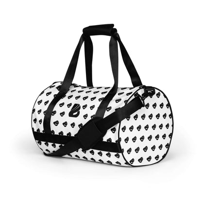 Allover-Print-Sporttasche N°0 with black straps and design on white background, waterproof and durable.