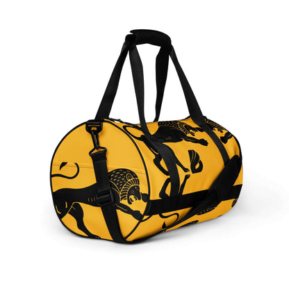 Allover-Print-Sporttasche N°1 in yellow with black animal design, waterproof polyester, ideal for fitness and travel.