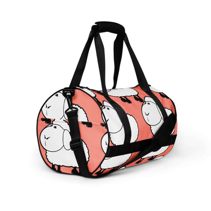Allover-Print-Sporttasche N°2 with sheep design on pink background, waterproof polyester, ideal for fitness and gym use.