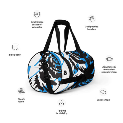 Allover-Print-Sporttasche N°4 displaying vibrant design, dual padded handles, adjustable strap, and various pockets for fitness enthusiasts.