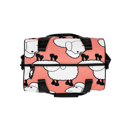 Allover-Print-Sporttasche N°2 with sheep pattern, waterproof polyester sport bag with additional pockets, black straps