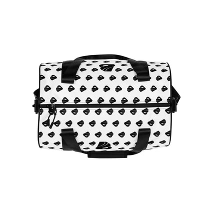 Allover-Print-Sporttasche N°0, waterproof polyester gym bag with reinforced bottom and black straps, perfect for fitness enthusiasts.