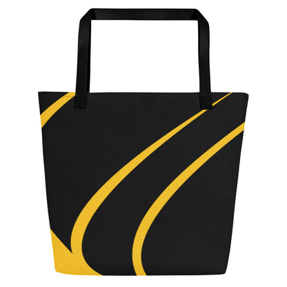 Großer Stoffbeutel N°0, trendige Strandtasche aus 100% Polyester mit großen Innentaschen und Baumwollgurtgriffen, schwarze mit gelben Streifen.
