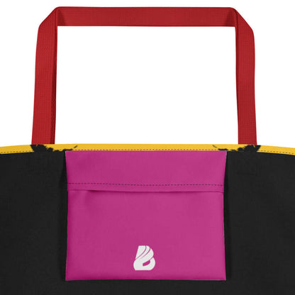 Großer Stoffbeutel N°0 with vibrant pink pocket and red handles, perfect for beach trips. Durable polyester and large inner pocket.