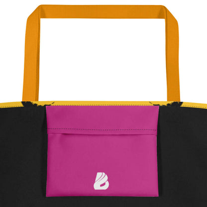 Großer Stoffbeutel N°0 trendige Strandtasche mit pinker Innentasche und gelben Baumwollgriffen aus 100 % Polyester, belastbar bis 20 kg.