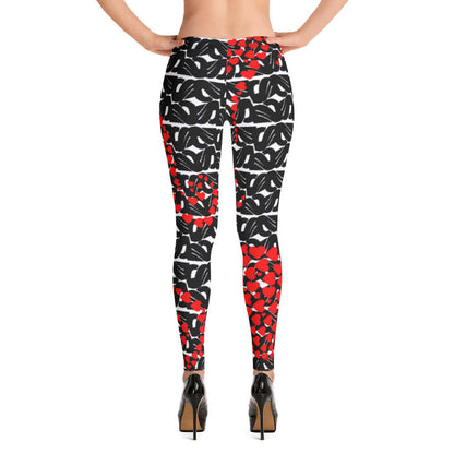 Back view of Leggings N°0 with bold red and black pattern, featuring four-way stretch for comfort and style.