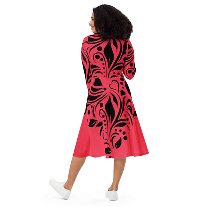 Langärmliges Midikleid mit Allover-Druck N°1, feminine Passform mit Taschen, schwarze Muster auf rotem Stoff