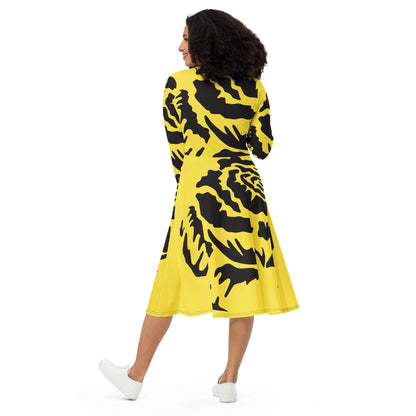 Langärmliges Midikleid N°2 in gelb-schwarz, Rückansicht, schmeichelnder Schnitt, ausgestelltes Design, bequem mit Taschen. Größe M.