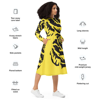 Woman wearing Langärmliges Midikleid N°2, showcasing long sleeves, side pockets, and a flattering waisted cut in yellow with black print.