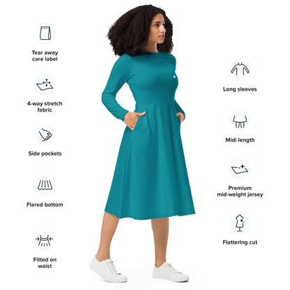 Langärmliges Midikleid mit Allover-Druck N°3, flared design, side pockets, teal color, flatters silhouette, comfortable stretch fabric