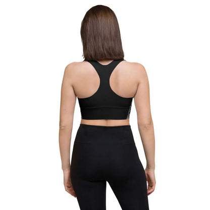 Back view of woman wearing Longline-Sport-BH N°2, perfect for sport and streetwear, with supportive straps and dense fabric.