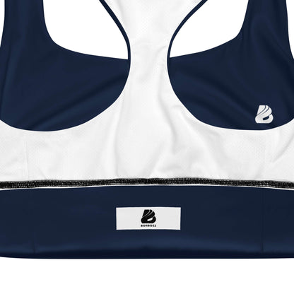 Longline-Sport-BH N°4 zweilagige Vorderseite mit verdichtetem Stoff, ideal für Sportaktivitäten und Streetwear in Blau und Weiß.