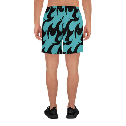 Rückansicht der Lange Allover-Sport-Shorts für Herren N°0 im schwarz-türkis Muster, ideal zum Laufen und Fitness.