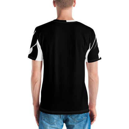 Man wearing Herren-T-Shirt N°3, black and white design, showing back view, made from smooth, comfortable cotton-polyester jersey.