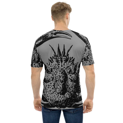 Man wearing Herren-T-Shirt N°8 with artistic graphic, rear view showcasing comfortable fit and smooth fabric.