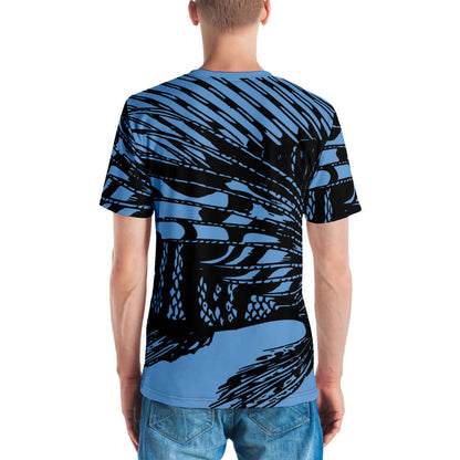 Back view of Herren-T-Shirt N°9 in black and blue abstract design, showcasing smooth, comfortable fabric with four-way stretch.