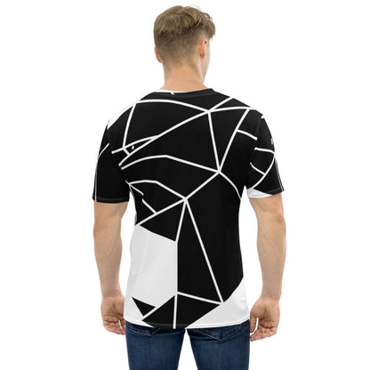 Back view of man wearing Herren-T-Shirt N°10 with geometric black and white design, showcasing comfortable fit and four-way stretch fabric.