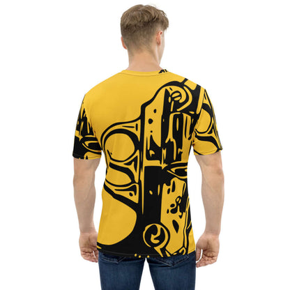 Herren-T-Shirt N°11 in vibrant yellow and black design, showcasing four-way stretch fabric for ultimate comfort and style.