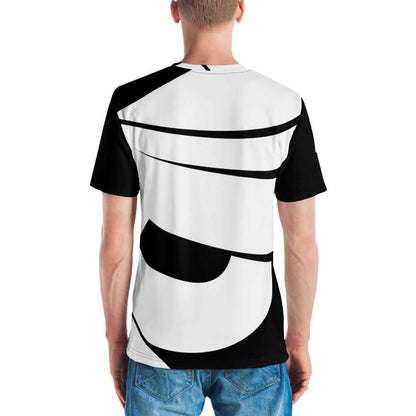 Person wearing Herren-T-Shirt N°16 with black and white abstract design, showcasing a comfortable and stylish fit.