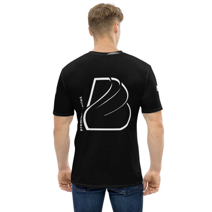 Back view of black Herren-T-Shirt - premium series showcasing a white geometric design, highlighting its smooth and comfortable fabric.