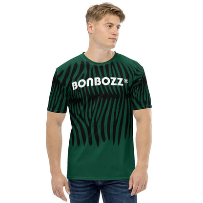 Man wearing Herren-T-Shirt N°1 in green with black stripes, made from soft, non-fading cotton-polyester jersey, showcasing four-way stretch.