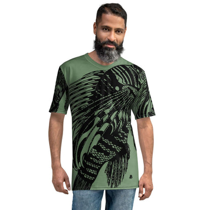 Man wearing Herren-T-Shirt N°7 in green with black abstract pattern, showcasing premium knit lightweight jersey and comfortable fit.