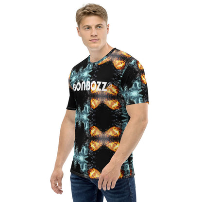 Man wearing Herren-T-Shirt N°5 with vibrant design, showcasing premium knit fabric and comfortable fit, perfect for casual wear.