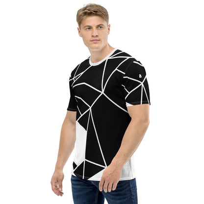 Herren-T-Shirt N°10 in black and white geometric design, featuring premium knit jersey fabric with four-way stretch and regular fit.