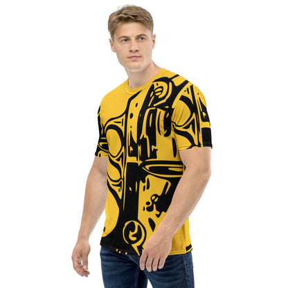 Man wearing Herren-T-Shirt N°11 with abstract black and yellow design, showcasing comfortable and stylish fashion on a smooth jersey fabric.