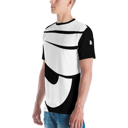 Herren-T-Shirt N°16 in black and white design, featuring premium knit jersey material and a comfortable fit on a male model.