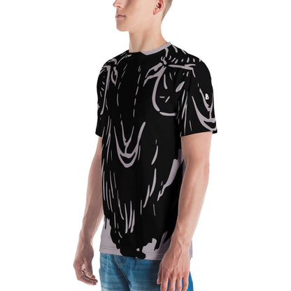 Herren-T-Shirt N°19 in black with artistic print, showcasing four-way stretch and smooth comfort. Ideal for everyday wear, no fade after washing.